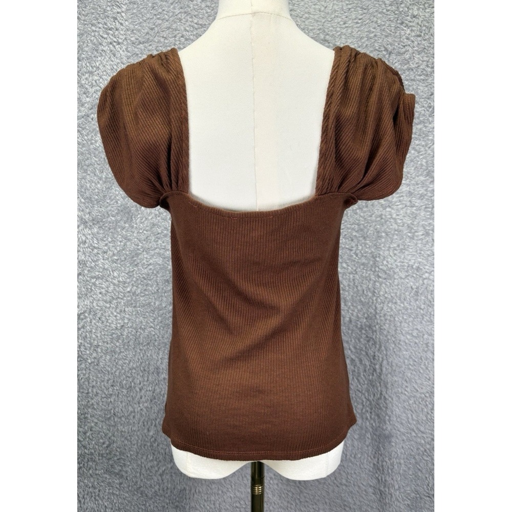 Anthropologie Ribbed Knit Crop Sweater Top XL Brown Cocoa Cap Sleeve Fitted - Picture 2 of 9